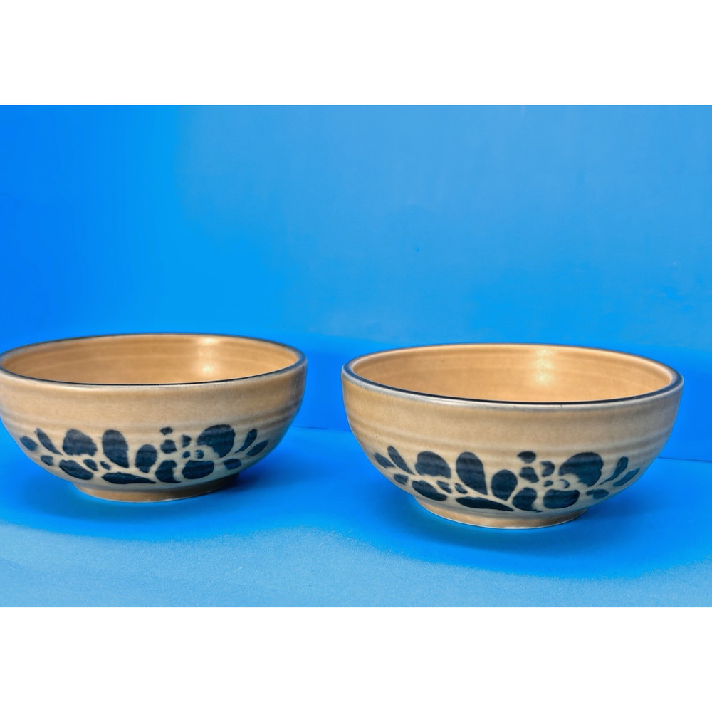 Vintage 2pc Pfaltzgraff Folkart SToneware Bowls 008 800 small Brown Blue Floral - Picture 5 of 16